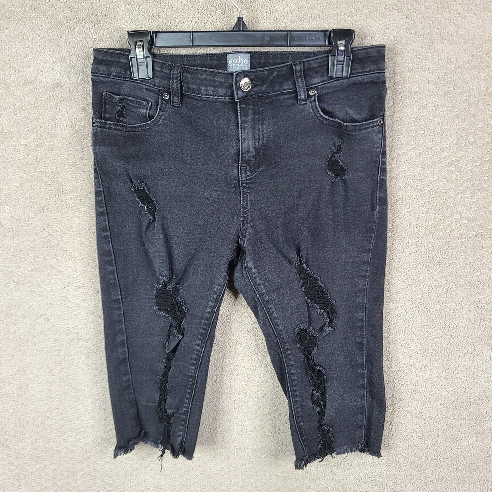 Soho Jeans Womens 8 Capri‎ Skinny Mid Rise Black Denim Distressed Stretch